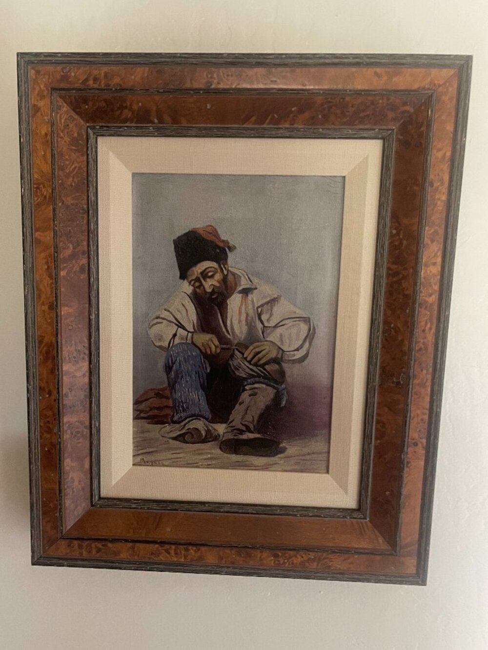 Folk Art Turkish Cobbler (köşker) Oil Painting & Larson Juhl Burl Wood Frame